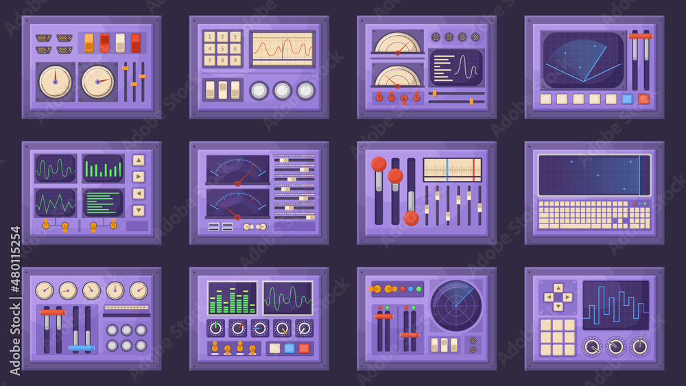 Poster retro control panels, spacecraft dashboard with dials, tuners and levers. old computer interface ele
