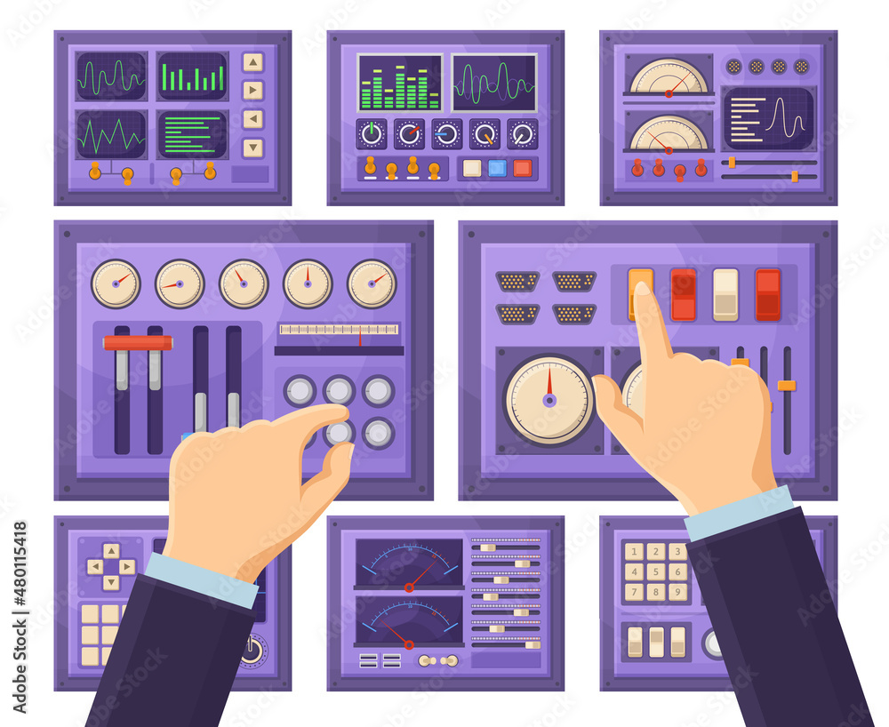 Poster retro control dashboard panel with operator hands, console connection ports. hands work with control