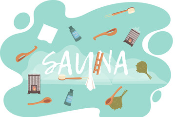 Sauna or SPA center banner template with bathhouse tools bucket, bath broom, soap, towels, thermometer, slippers. Cartoon vector for advertising. Accessories for relaxation in steam banya or hot sauna