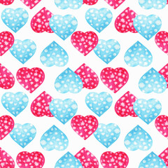 Romantic seamless pattern with red and blue hearts  on a white background. watercolor Illustration for fabrics, dresses, interiors, bed textile, packaging, invitation, postcards, wedding