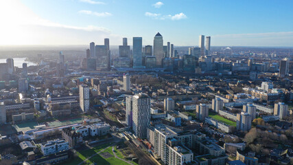 Fototapeta na wymiar Aerial drone distant shot of iconic skyscraper banking and business complex of Canary Wharf, Docklands, London, United Kingdom
