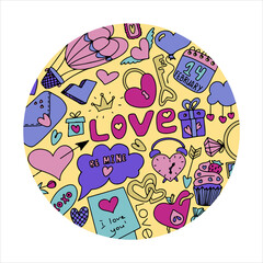 Fototapeta premium Doodle banner for Valentine s day. Vector colorful illustration for the holiday on February 14. Hand draw set for romance, wedding, date, invitation, greeting card, love. Icons for banners, sales