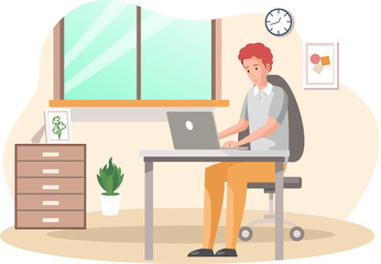 Man, working person sitting in room and correspondence surfing Internet. Male character communicating through network on laptop. Freelance, work from home and home office concept. Working people