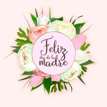 Mother's day greeting card template. print-ready postcard mockup. Inscription in Spanish: Happy Mother's Day. Flyer congratulations on international women's day. Banner layout