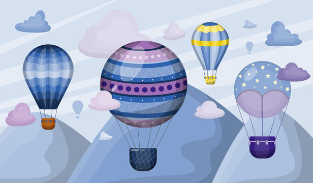 Big set of hot air balloons with clouds. Flat illustration of flying vehicles. Romantic balloons. Sky with tourist balloons for flight. Cartoon style