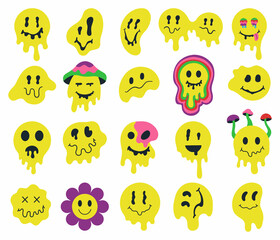 Melting psychedelic smiling faces, dripping groovy characters. Crazy graffiti smile emoji, facial expressions mascots vector illustration set. Dripping smiling emoji faces