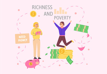Richness and poverty concept. Happy rich man rejoices in prosperity and sad poor thriftiness woman need money. Economic and social condition of people. Financial superiority, wealth and poorness