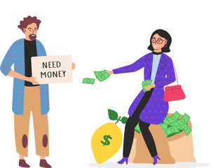 Rich and poor people cartoon men without currency. Vector unemployed guy with sign need money and successful businesswoman millionaire with money bag. Richness and poverty concept. Social distance