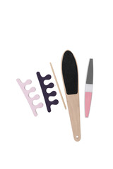 tools layout for pedicure isolate on white background toe separators, pumice stone and foot grater