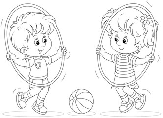 Cheerful cute little kids playing and fun spinning hoops in a gymnastic lesson, black and white outline vector cartoon illustration for a coloring book page