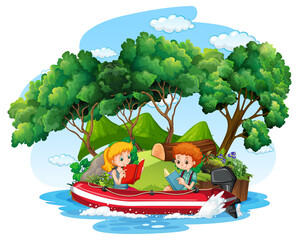 Obraz na płótnie Canvas Children reading book on inflatable boat in cartoon style