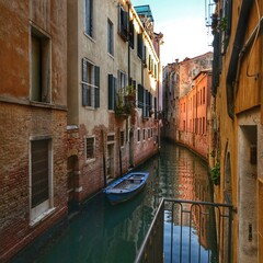 Fototapeta na wymiar small venetian canal surrounded by characteristic and historic buildings 
