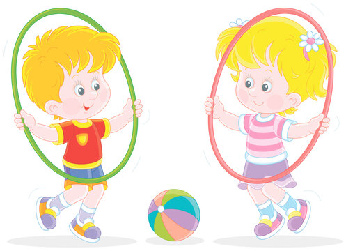 Cheerful cute little kids in colorful sport clothes playing and fun spinning hoops in a gymnastic lesson, vector cartoon illustration isolated on a white background