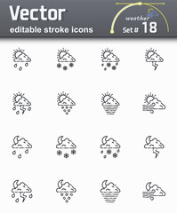 Set of editable weather forecast line icons and environmental elements isolated