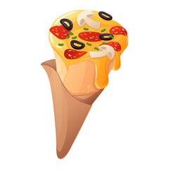 Pizza cone with pepperoni sausages, mushrooms and cheese in craft packaging. Vector illustration isolated on white background. For advertising and your design.