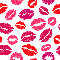 Women red lipstick romantic kiss seamless pattern. Female red lipstick prints, love kiss shapes vector background illustration. Sexy lip kiss pattern