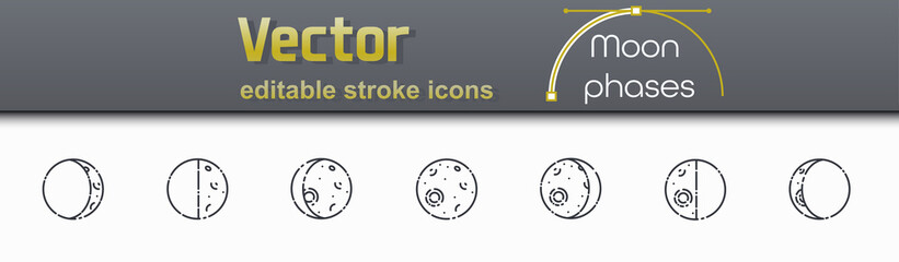 Vector editable stroke set of moon phases line icons