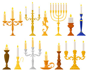 Cartoon ancient candlesticks, wax candle vintage holders. Medieval candelabra and retro candlestick vector illustration set. Candle holders interior decorations