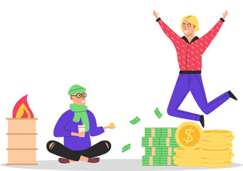 Richness and poverty concept, poor man tramp begging on street and millionaire. Man jumps enjoys wealth. Successful character has fun, rejoices in prosperity. Financial superiority, social inequality