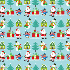 seamless pattern with santa, snowman, penguin, gifts and christmas trees