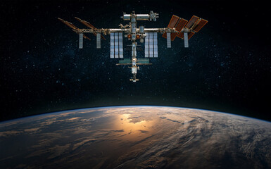 The International Space Station orbiting planet Earth. Elements of this image furnished by NASA. Scientific space exploration using a space station. © Tryfonov