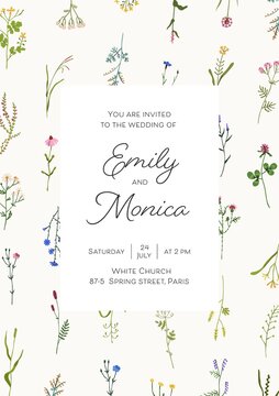 Wedding card design with wild flower frame and background for text. Floral invitation template with botanical pattern, inviting to engagement and marriage ceremony. Colored flat vector illustration