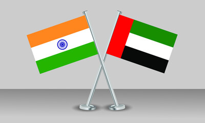 Crossed flags of United Arab Emirates (UAE) and India. Official colors. Correct proportion. Banner design