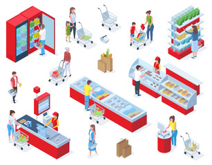 Fototapeta premium Isometric grocery shopping, people buying food in supermarket. Grocery store shopping, customers buying food in grocery market vector illustration set. Foodstuffs store