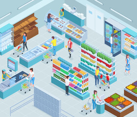 Isometric grocery market interior, supermarket showcase and checkout counter. Grocery store customers trolleys and goods shelves vector illustration. Supermarket interior