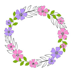 Wreath with periwinkle in trendy colors with a black outline. A frame of flowers, leaves and branches. Vector flat illustration is suitable for the design of postcards, invitations and banners.
