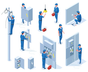 Isometric professional electricians, workers repair power line. Electrician occupation, characters with electrical equipment vector illustration set. Electrician profession