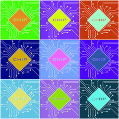 Bright background with microchips. Microcontrollers and microprocessors. Seamless pattern about technology. Vector illustration.