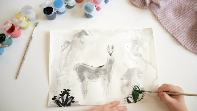 Watercolor hand drawn simple picture of alpaca, llama. Children painting style. Wildlife.