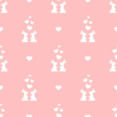 Seamless love pattern with rabbits and hearts on pink background. Decorative holiday wallpaper, good for printing.