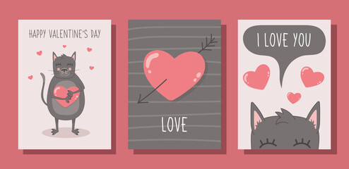 Collection of postcards for Valentine's day with a cute cat and hearts. Vector illustration.