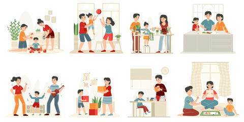 Happy families playing toys with children, parenting leisure activities. Parenting scenes, mother, father and kid play together vector illustration set. Family leisure time