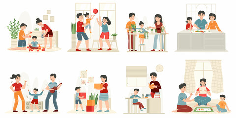 Fototapeta premium Happy families playing toys with children, parenting leisure activities. Parenting scenes, mother, father and kid play together vector illustration set. Family leisure time
