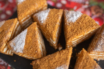 Sugar dessert, cake, pie on plate. Breakfast coffee time 