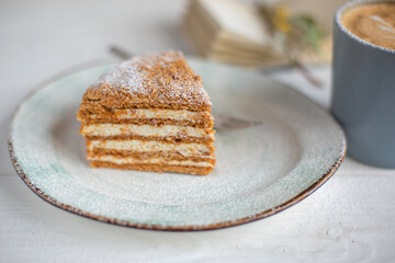 Sugar dessert, cake, pie on plate. Breakfast coffee time 