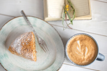 Sugar dessert, cake, pie on plate. Breakfast coffee time 
