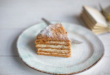 Sugar dessert, cake, pie on plate. Breakfast coffee time 