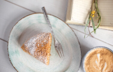 Sugar dessert, cake, pie on plate. Breakfast coffee time 