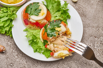 Portion of delicious chicken aspic on a plate isolated on concrete table