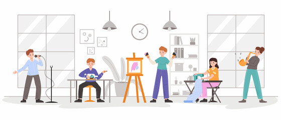 People with art, handicraft, creative hobbies in co-working space. Creative workers in coworking center, musicians and artist vector illustration. Hobby creative workflow