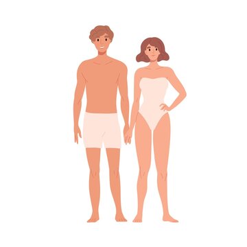 Couple in swimwear portrait. Young man and woman standing in swimsuits. Male and female in underwear smiling. People in bathing suit and trunks. Flat vector illustration isolated on white background