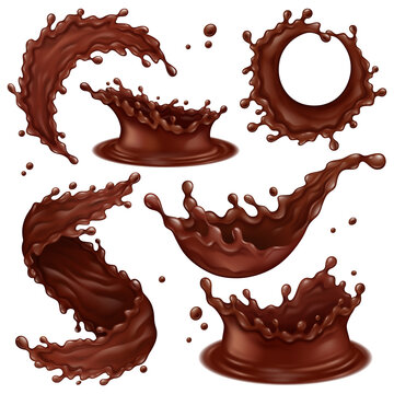 Realistic chocolate splashes, liquid hot chocolate swirls and drops. Dripping dark chocolate splashes vector illustration set. Delicious chocolate elements
