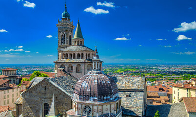 Basilica di Santa Maria Maggiore in Bergamo, Italy. Bergamo Alta Cathedral aerial view - obrazy, fototapety, plakaty