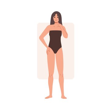 Woman with rectangle body shape. Female in swimwear with angled straight proportions, rectangular figure type. Slim slender model standing. Flat vector illustration isolated on white background