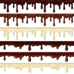 Realistic sweet chocolate dripping, flowing hot chocolate borders. Delicious chocolate drips, liquid frosting streams vector illustration set. Dripping chocolate elements