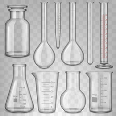 Realistic laboratory glassware, glass test tubes beaker and flask. Chemical laboratory transparent glass 3d equipment vector illustration set. Laboratory glassware